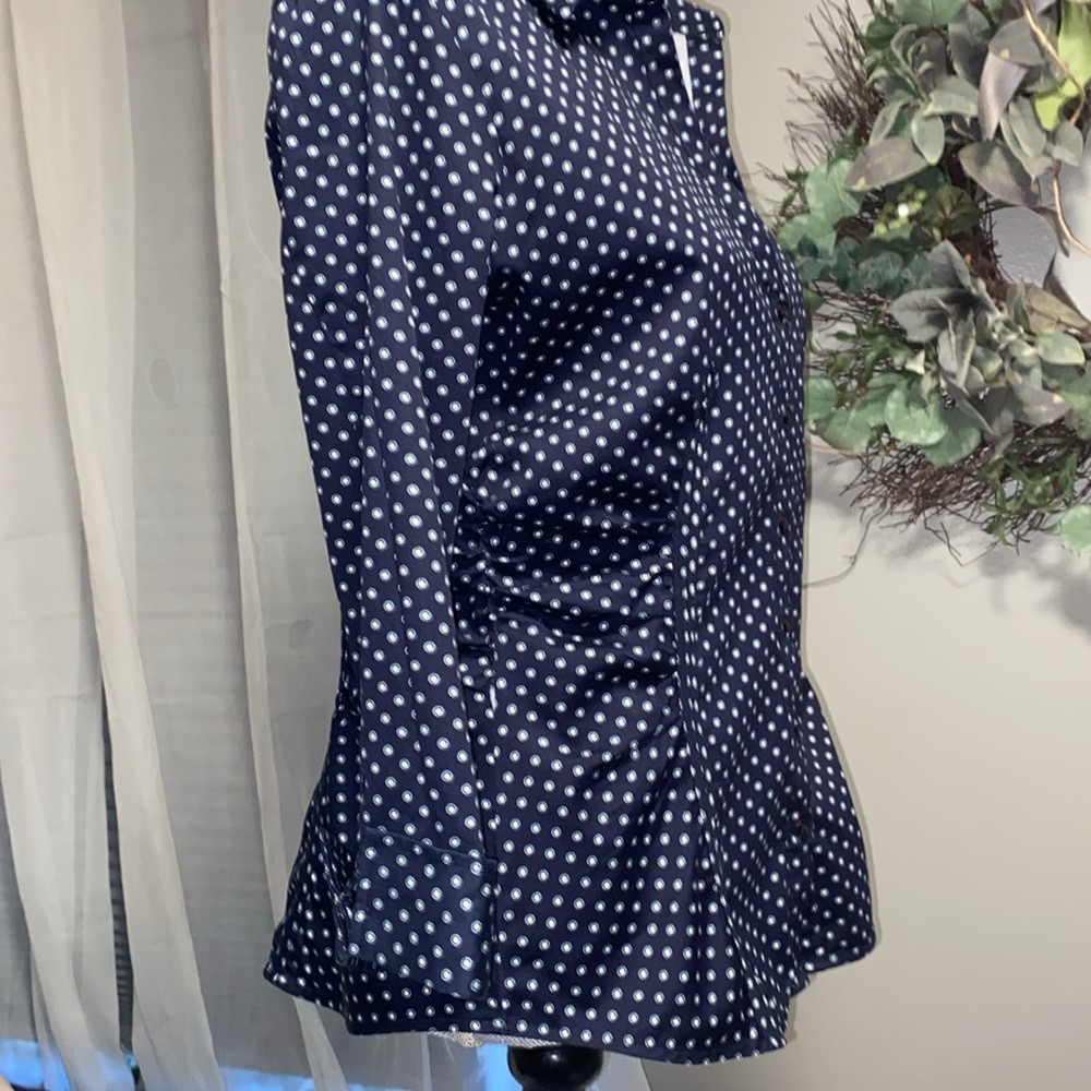 Navy blue white  button up button down ruched side fitted women’s blouse top med - Picture 6 of 11